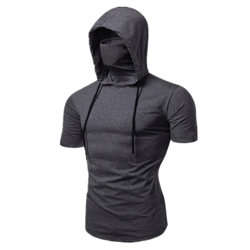 Dynamic Fitness Men's Short Sleeve Gym Hoodie with Face Mask – Polyester Sports Sweatshirt