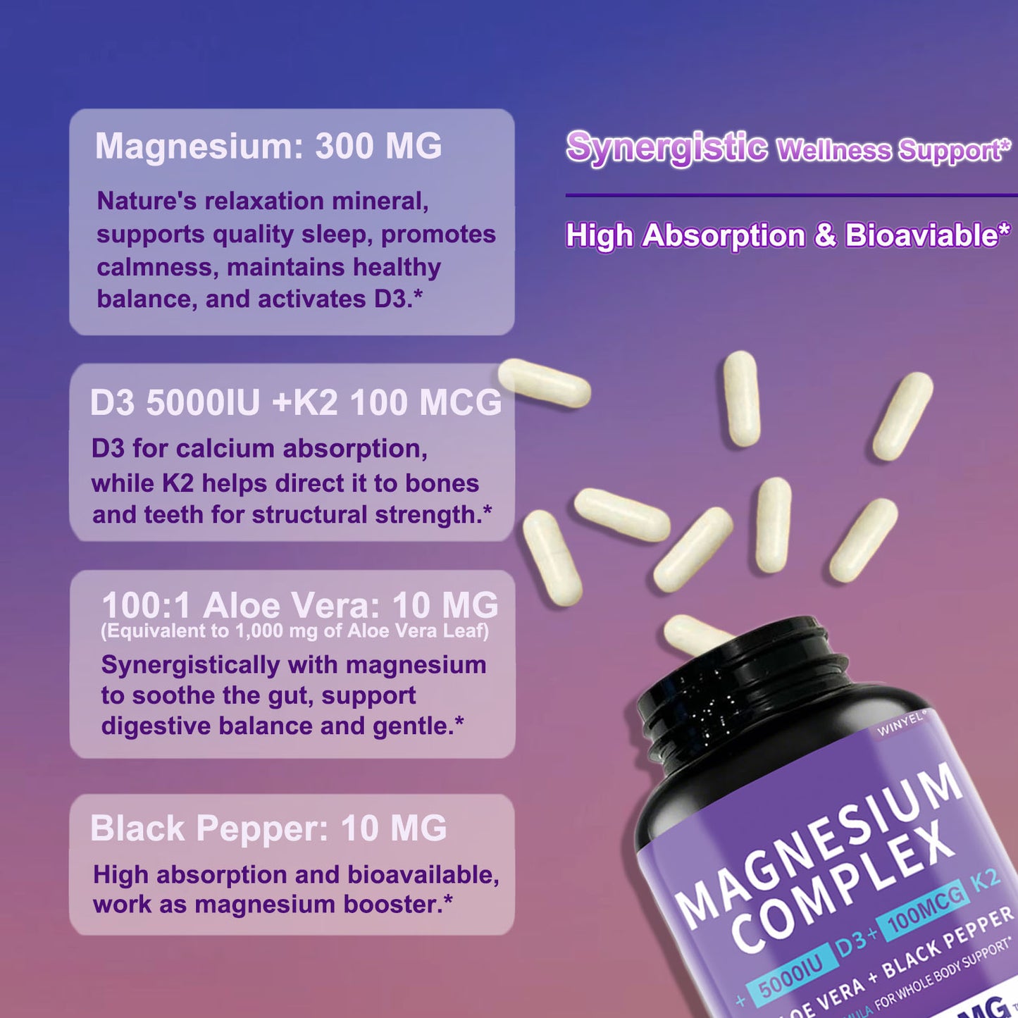 Magnesium Glycinate 1160mg With Aloe Vera, Vitamin D3 & K2 Complex - Supports Stress Relief, Sleep, Muscle, Nerve, Heart & Metabolism - Chelated Magnesium Supplement - 90 Capsules