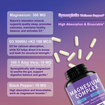 Magnesium Glycinate 1160mg With Aloe Vera, Vitamin D3 & K2 Complex - Supports Stress Relief, Sleep, Muscle, Nerve, Heart & Metabolism - Chelated Magnesium Supplement - 90 Capsules