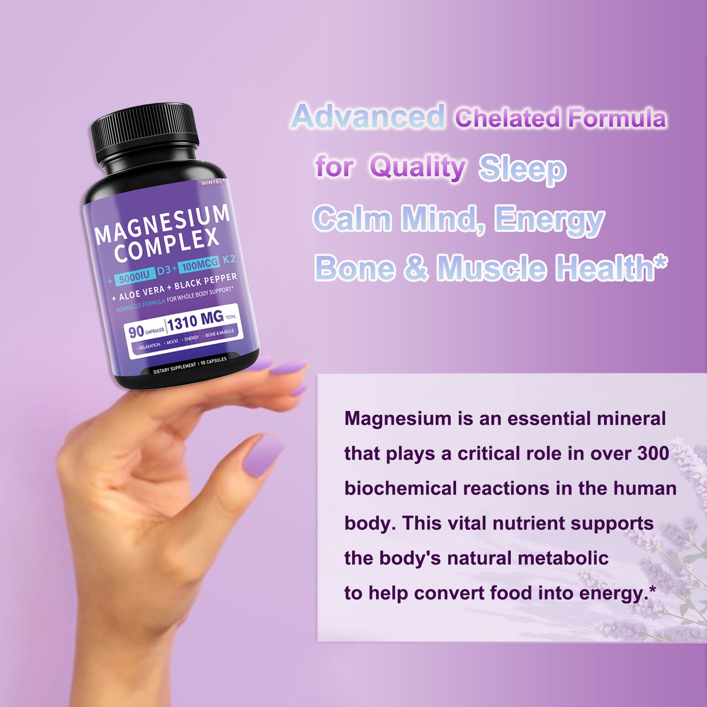 Magnesium Glycinate 1160mg With Aloe Vera, Vitamin D3 & K2 Complex - Supports Stress Relief, Sleep, Muscle, Nerve, Heart & Metabolism - Chelated Magnesium Supplement - 90 Capsules