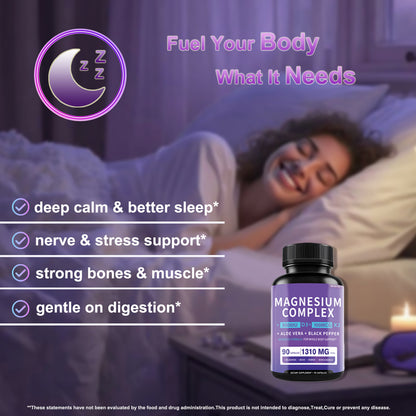 Magnesium Glycinate 1160mg With Aloe Vera, Vitamin D3 & K2 Complex - Supports Stress Relief, Sleep, Muscle, Nerve, Heart & Metabolism - Chelated Magnesium Supplement - 90 Capsules