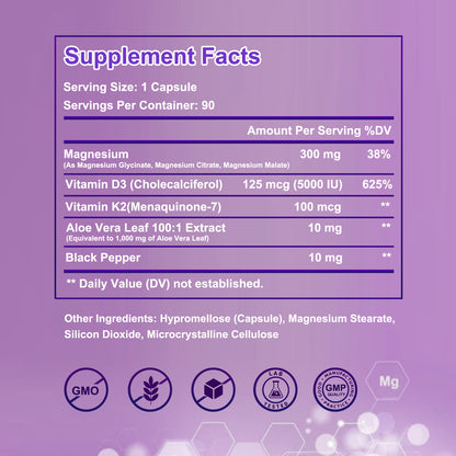 Magnesium Glycinate 1160mg With Aloe Vera, Vitamin D3 & K2 Complex - Supports Stress Relief, Sleep, Muscle, Nerve, Heart & Metabolism - Chelated Magnesium Supplement - 90 Capsules