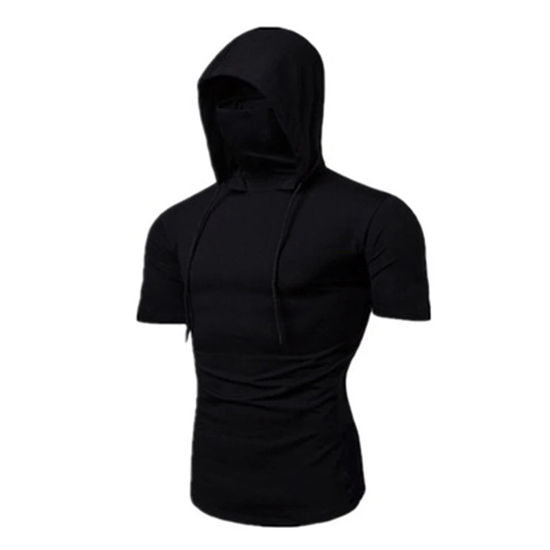 Dynamic Fitness Men's Short Sleeve Gym Hoodie with Face Mask – Polyester Sports Sweatshirt