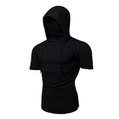Dynamic Fitness Men's Short Sleeve Gym Hoodie with Face Mask – Polyester Sports Sweatshirt
