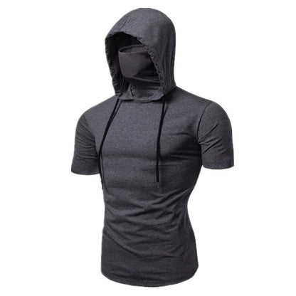 Dynamic Fitness Men's Short Sleeve Gym Hoodie with Face Mask – Polyester Sports Sweatshirt