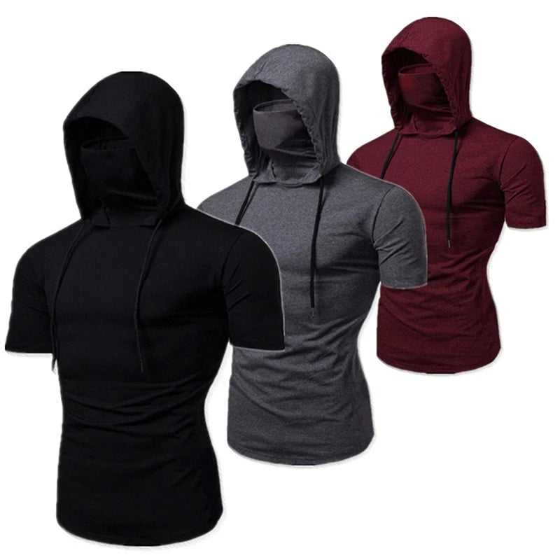 Dynamic Fitness Men's Short Sleeve Gym Hoodie with Face Mask – Polyester Sports Sweatshirt