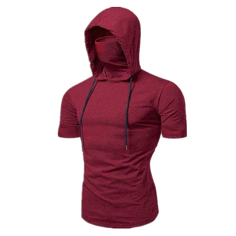 Dynamic Fitness Men's Short Sleeve Gym Hoodie with Face Mask – Polyester Sports Sweatshirt
