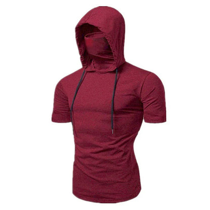 Dynamic Fitness Men's Short Sleeve Gym Hoodie with Face Mask – Polyester Sports Sweatshirt