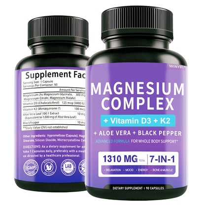 Magnesium Glycinate 1160mg With Aloe Vera, Vitamin D3 & K2 Complex - Supports Stress Relief, Sleep, Muscle, Nerve, Heart & Metabolism - Chelated Magnesium Supplement - 90 Capsules